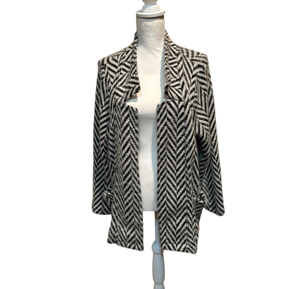Soft Surroundings‎ Large Open Front Chevron Knit Cardigan Jacket Black White